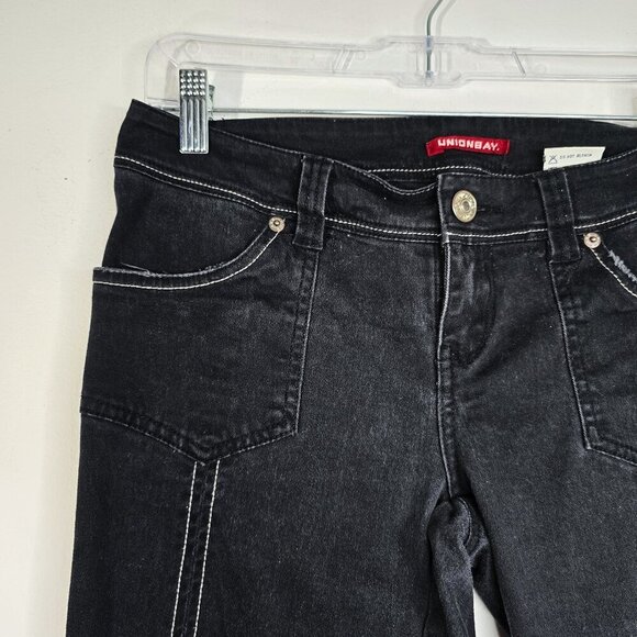 Vintage 90s Y2K Black Distressed Hem Super Low Waist Flap Pockets Denim 28x32 - Picture 2 of 11